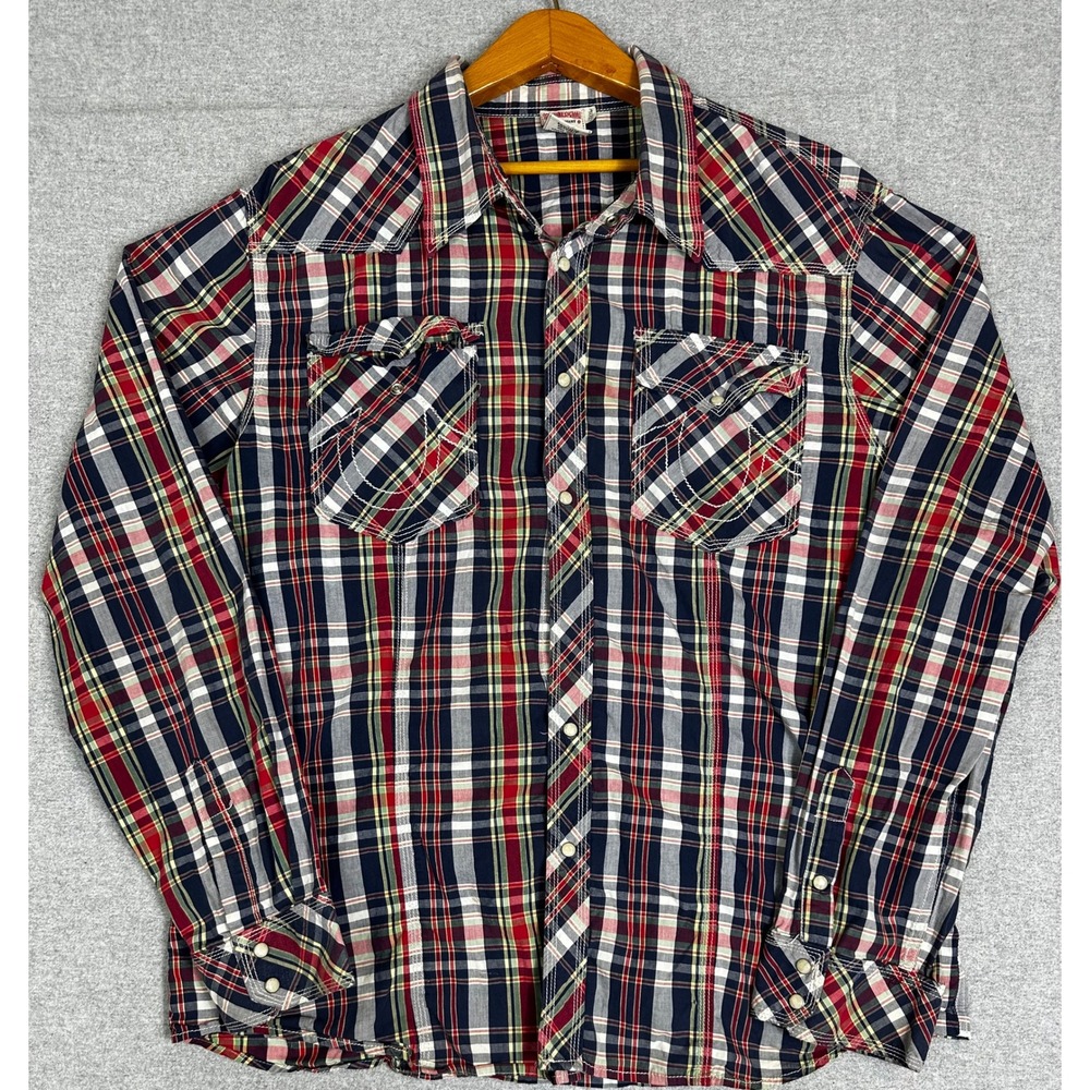 True Religion Western Shirt Mens XXXL Blue Red Plaid Pearl Snap Stitch